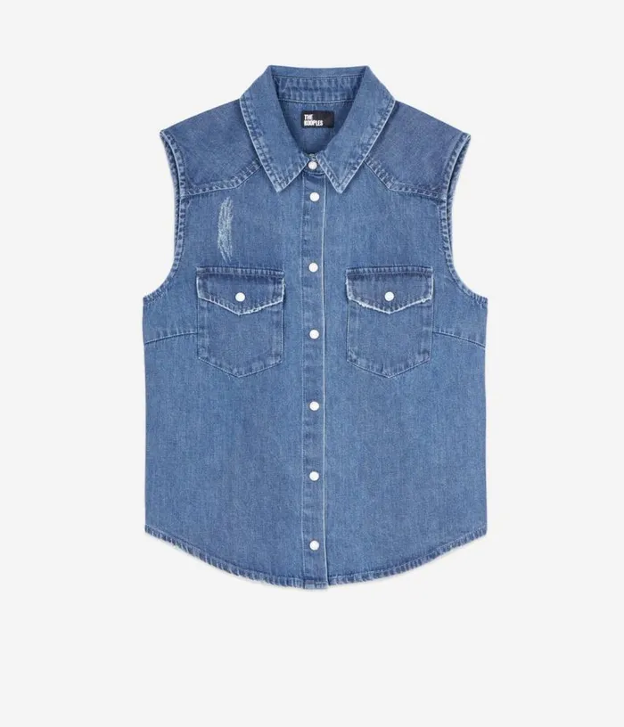 Women Sleeveless Blue Denim Shirt THE KOOPLES Blouses and Shirts