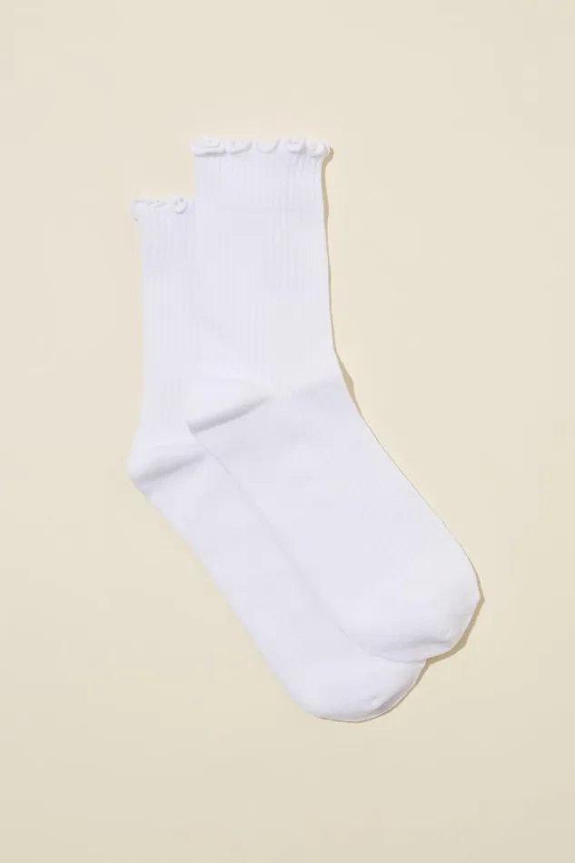 Women Socks Cotton On Frill Ribbed Crew Sock Solid White