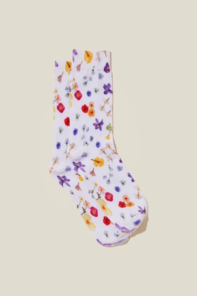 Women Socks Cotton On Printed Crew Sock Pressed Flowers Yardagewhite