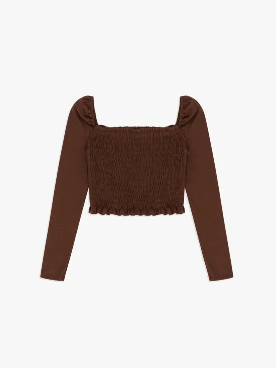 Women Sophie Smocked Longsleeve Brown Tops Lisa Says Gah