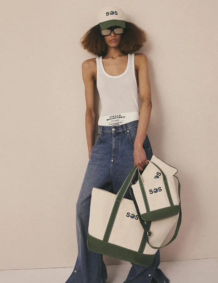 Women SOS Embroidered Small Tote Bag Ivorygreen Stella McCartney Tote Bags Women SOS Embroidered Small Tote Bag Ivorygreen Stella McCartney Tote Bags