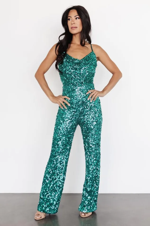 Women Sparkler Sequin Jumpsuit Dark Teal Baltic Born Jumpsuits and Rompers