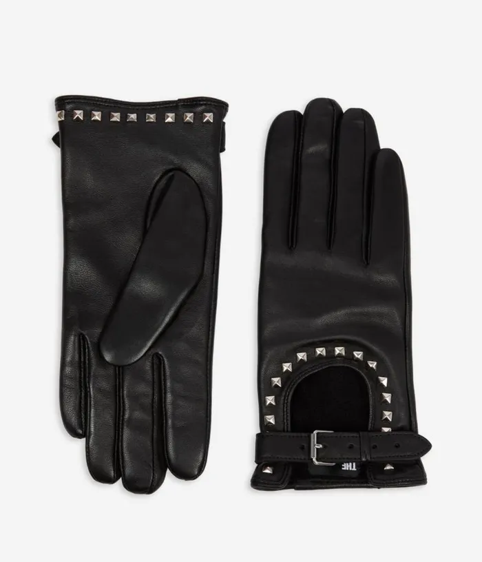 Women Studded Black Leather Gloves THE KOOPLES Hats and Scarves