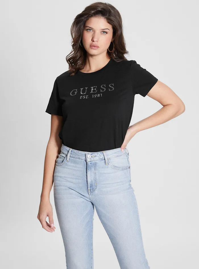 Women Tees and Tanks GUESS Eco Black 1981 Crystal Logo Tshirt