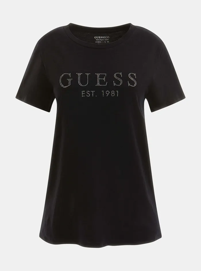 Women Tees and Tanks GUESS Eco Black 1981 Crystal Logo Tshirt Women Tees and Tanks GUESS Eco Black 1981 Crystal Logo Tshirt
