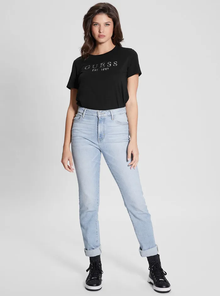 Women Tees and Tanks GUESS Eco Black 1981 Crystal Logo Tshirt Women Tees and Tanks GUESS Eco Black 1981 Crystal Logo Tshirt