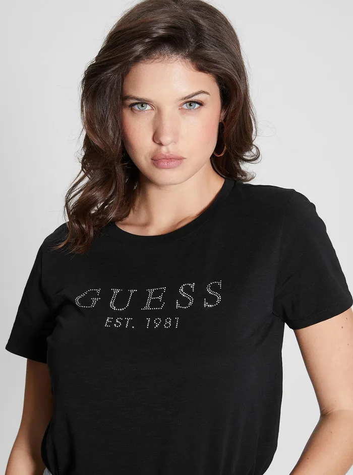 Women Tees and Tanks GUESS Eco Black 1981 Crystal Logo Tshirt Women Tees and Tanks GUESS Eco Black 1981 Crystal Logo Tshirt