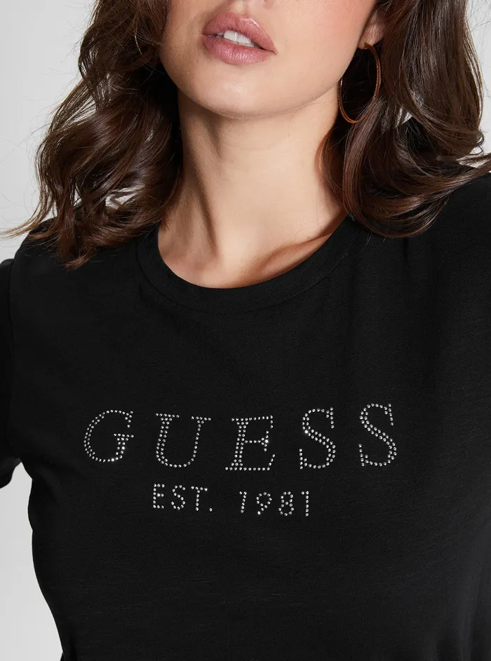 Women Tees and Tanks GUESS Eco Black 1981 Crystal Logo Tshirt Women Tees and Tanks GUESS Eco Black 1981 Crystal Logo Tshirt