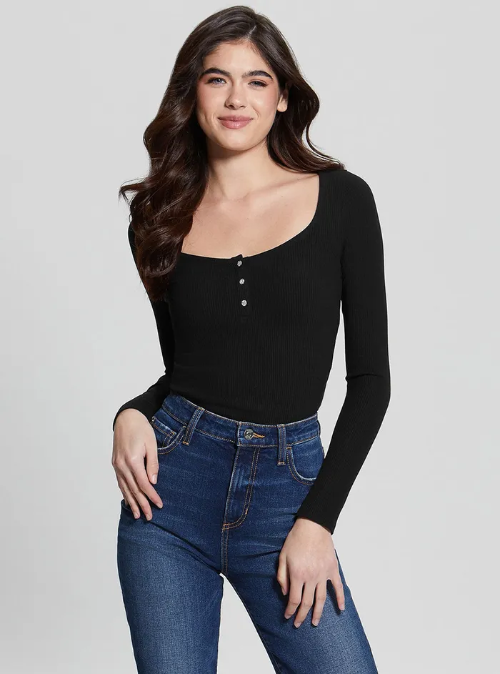 Women Tees and Tanks GUESS Eco Black Karlee Long Sleeve Henley Tshirt
