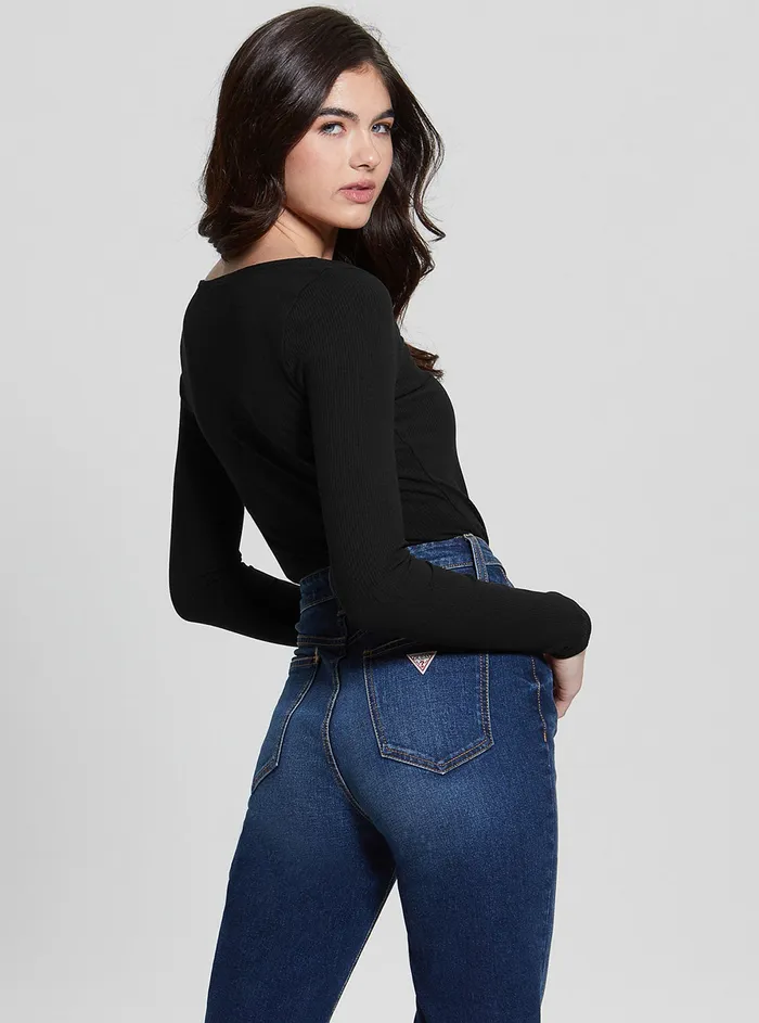 Women Tees and Tanks GUESS Eco Black Karlee Long Sleeve Henley Tshirt Women Tees and Tanks GUESS Eco Black Karlee Long Sleeve Henley Tshirt