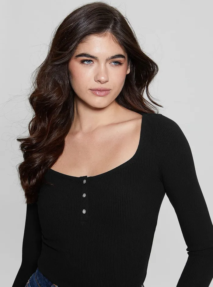 Women Tees and Tanks GUESS Eco Black Karlee Long Sleeve Henley Tshirt Women Tees and Tanks GUESS Eco Black Karlee Long Sleeve Henley Tshirt
