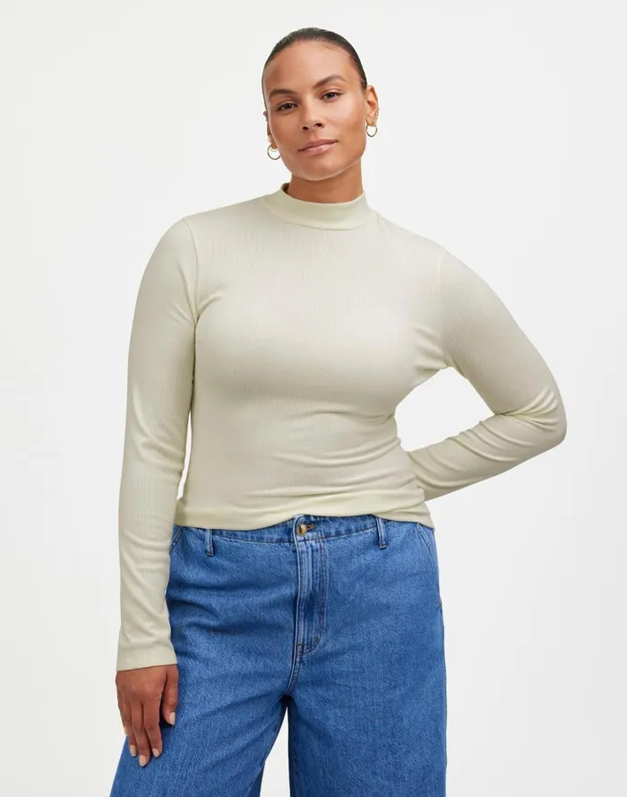Women Tees Madewell Drapey Rib LongSleeve Mockneck Top Winter White