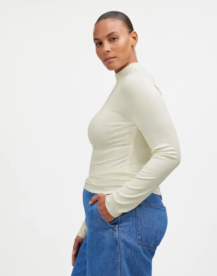 Women Tees Madewell Drapey Rib LongSleeve Mockneck Top Winter White