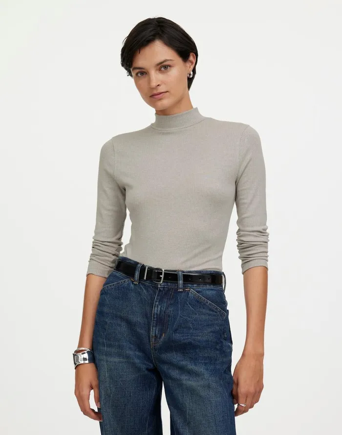 Women Tees Madewell Heathered Drapey Rib LongSleeve Mockneck Top Hthr Steel Morning