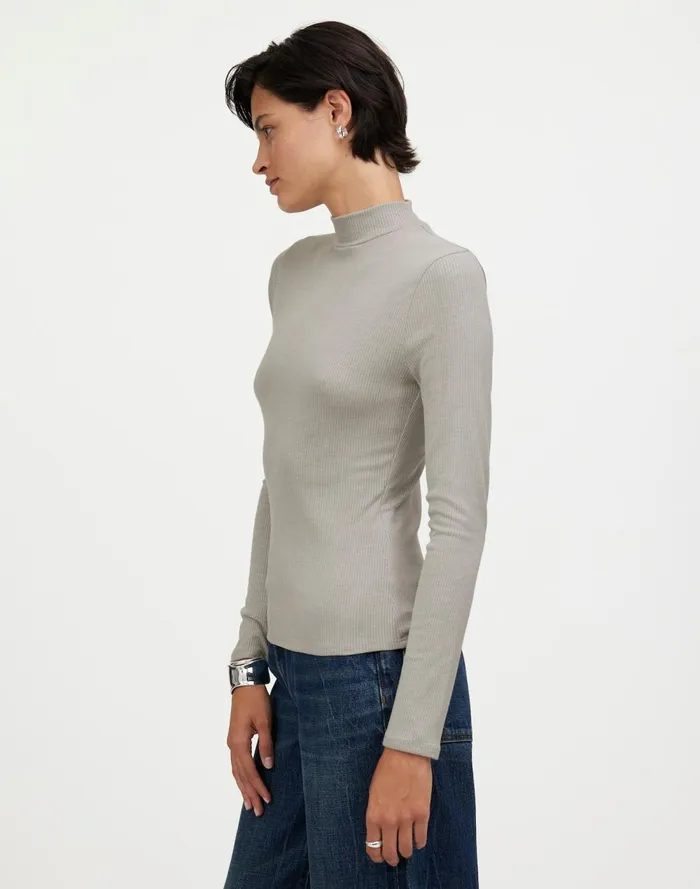 Women Tees Madewell Heathered Drapey Rib LongSleeve Mockneck Top Hthr Steel Morning