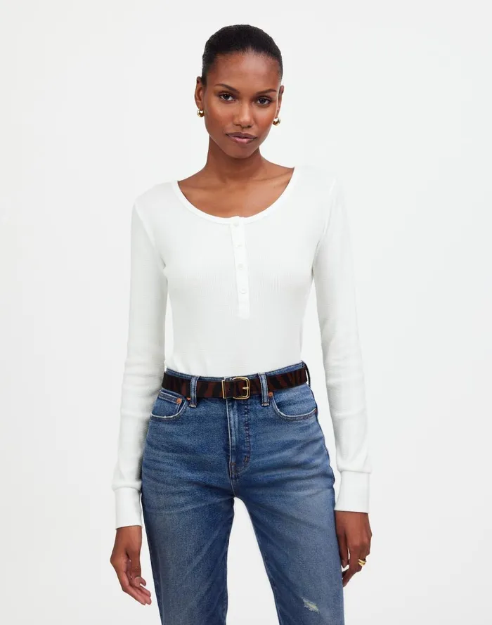 Women Tees Madewell WaffleKnit Scoopneck Henley Tee Eyelet White