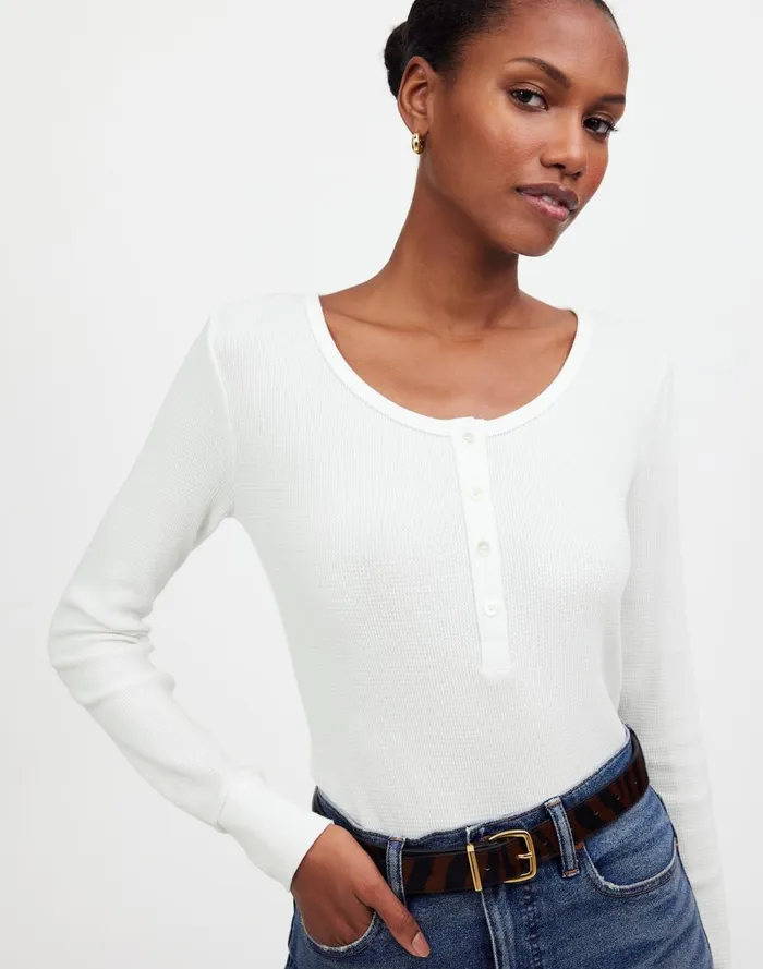 Women Tees Madewell WaffleKnit Scoopneck Henley Tee Eyelet White