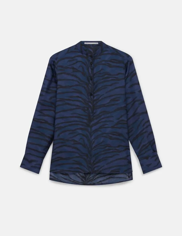 Women Tiger Print Grandfather Collar Shirt Navy Tiger Print Stella McCartney Shirts And Tops