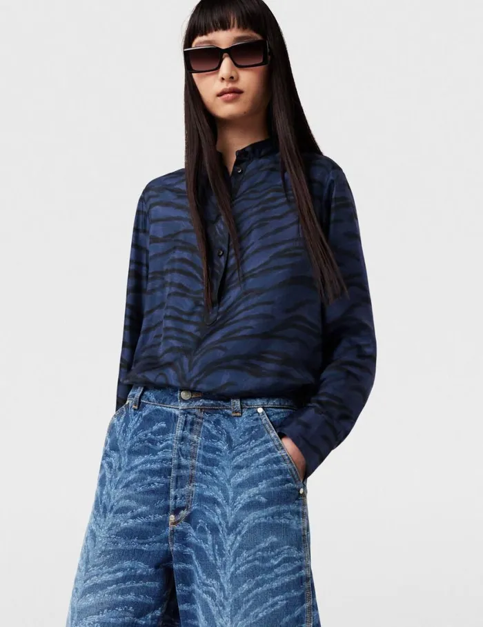 Women Tiger Print Grandfather Collar Shirt Navy Tiger Print Stella McCartney Shirts And Tops Women Tiger Print Grandfather Collar Shirt Navy Tiger Print Stella McCartney Shirts And Tops