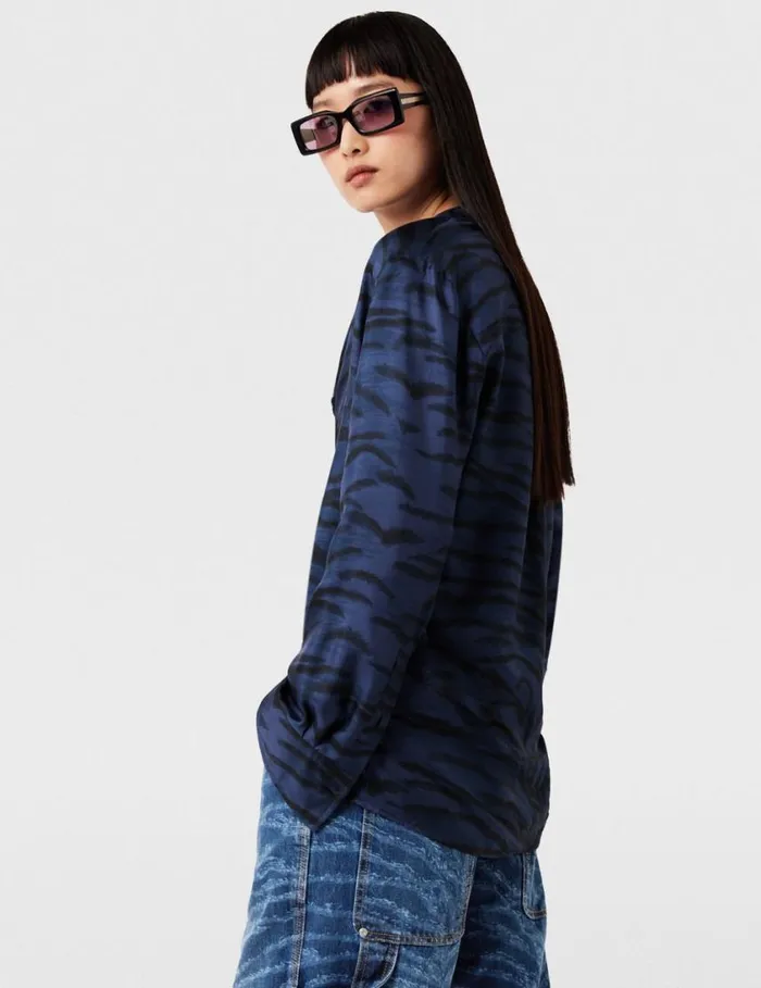 Women Tiger Print Grandfather Collar Shirt Navy Tiger Print Stella McCartney Shirts And Tops Women Tiger Print Grandfather Collar Shirt Navy Tiger Print Stella McCartney Shirts And Tops
