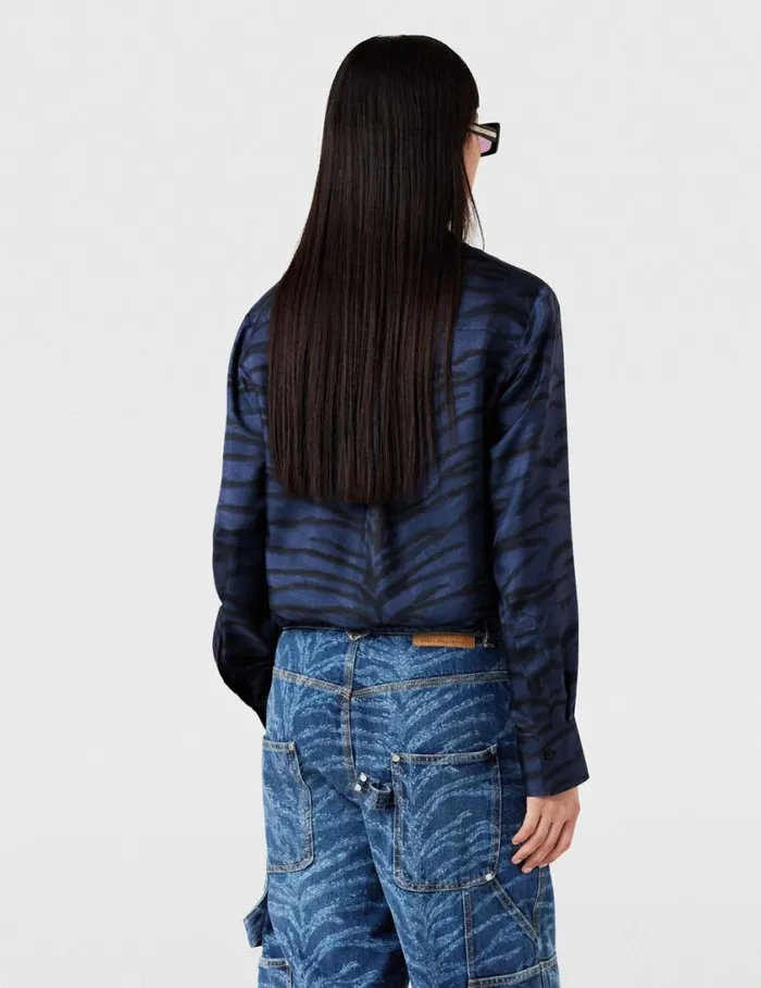 Women Tiger Print Grandfather Collar Shirt Navy Tiger Print Stella McCartney Shirts And Tops Women Tiger Print Grandfather Collar Shirt Navy Tiger Print Stella McCartney Shirts And Tops