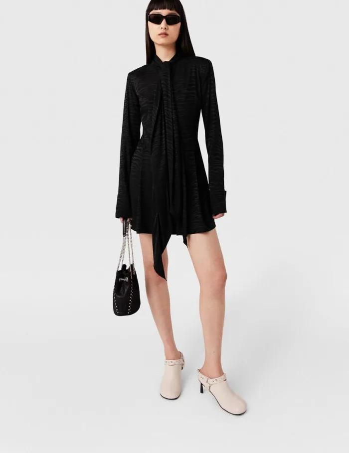 Women Tiger Print TieNeck Midi Dress Black Tiger Print Stella McCartney Dresses Women Tiger Print TieNeck Midi Dress Black Tiger Print Stella McCartney Dresses