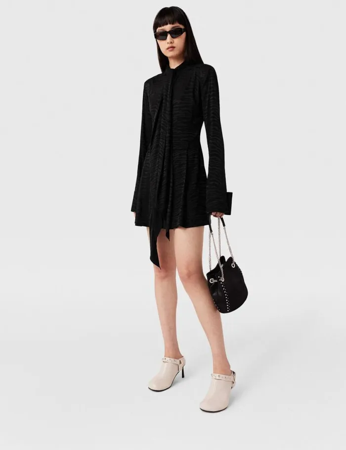Women Tiger Print TieNeck Midi Dress Black Tiger Print Stella McCartney Dresses Women Tiger Print TieNeck Midi Dress Black Tiger Print Stella McCartney Dresses