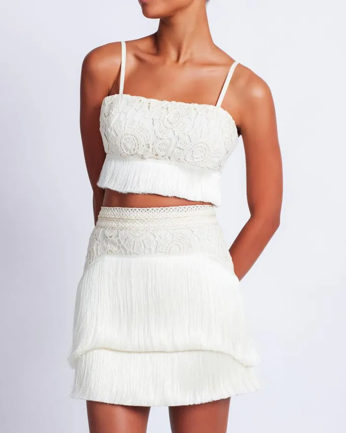 Women Tops and Bodysuits PatBO Crochet Fringe Cropped Top Wheat