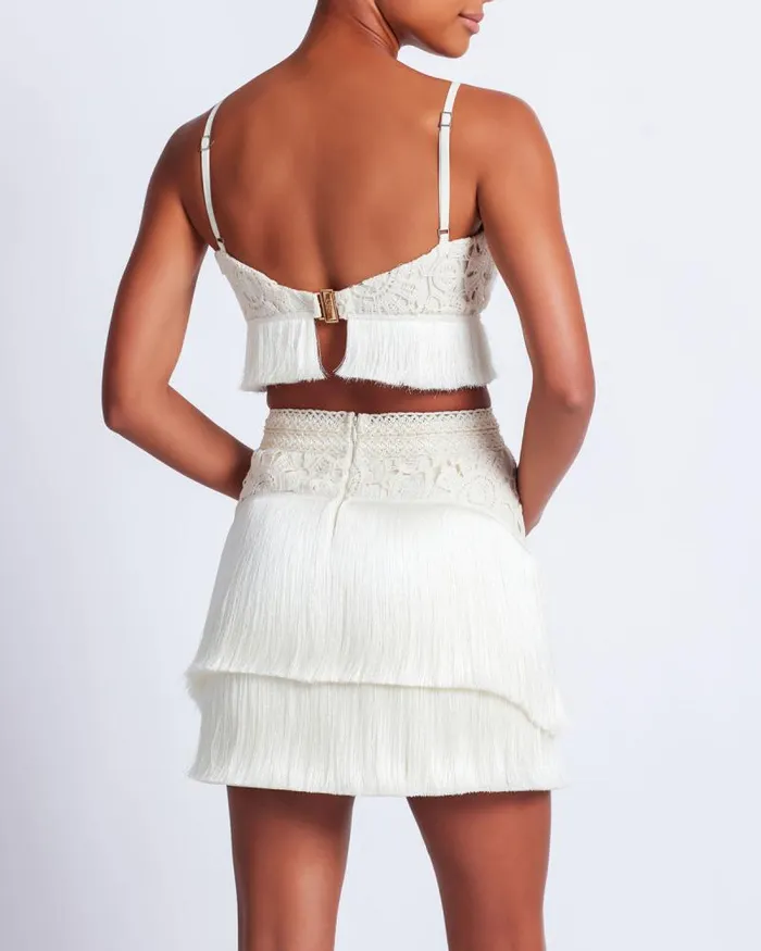 Women Tops and Bodysuits PatBO Crochet Fringe Cropped Top Wheat