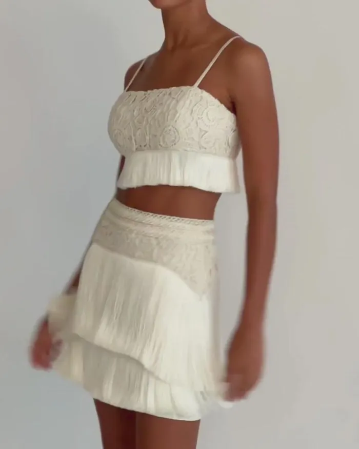 Women Tops and Bodysuits PatBO Crochet Fringe Cropped Top Wheat