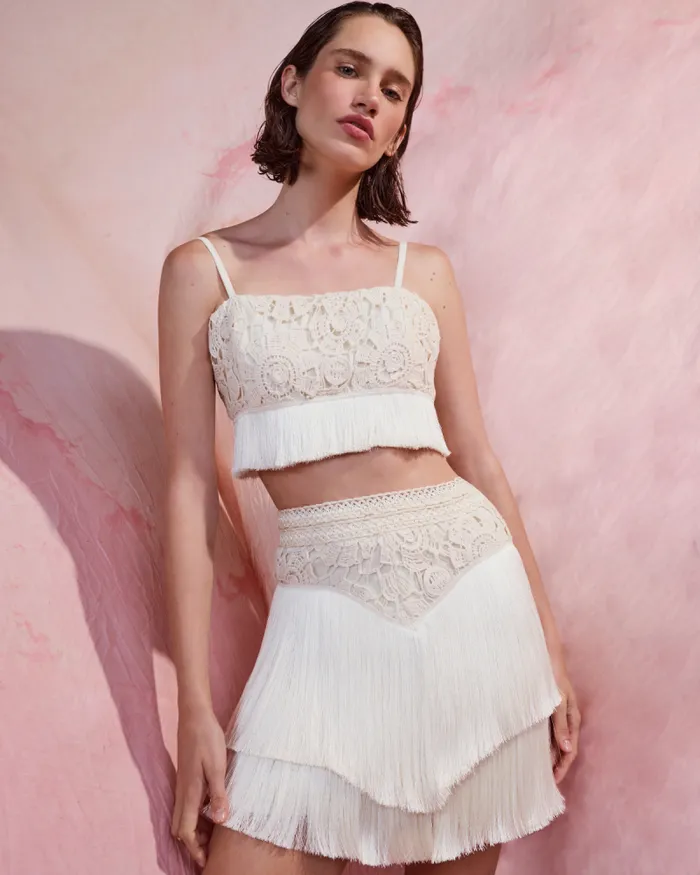Women Tops and Bodysuits PatBO Crochet Fringe Cropped Top Wheat