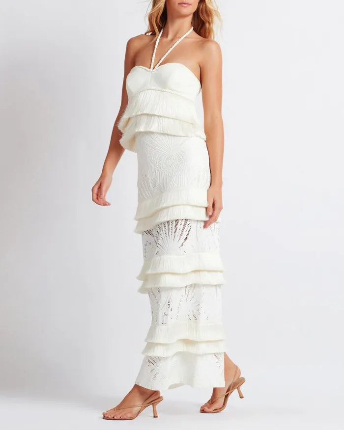Women Tops and Bodysuits PatBO Fringe Halterneck Top FINAL SALE Ivory