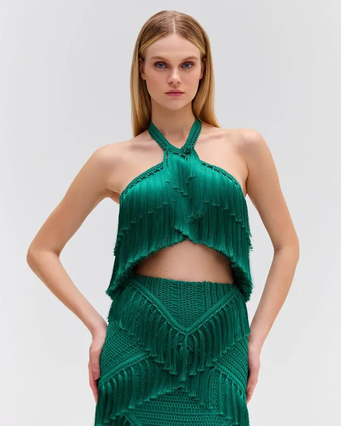 Women Tops and Bodysuits PatBO Fringe Halterneck Top FINAL SALE Jade