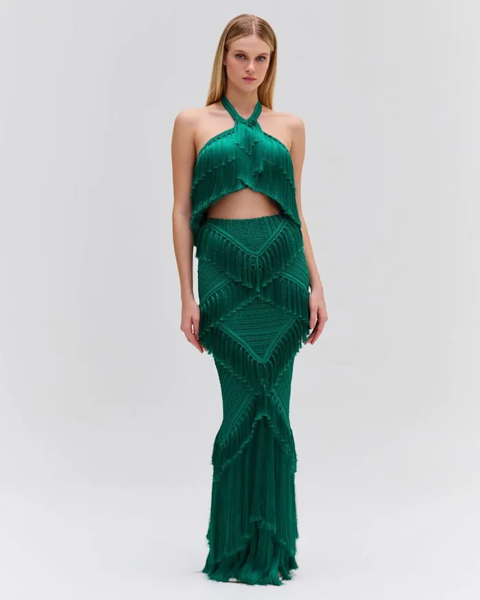 Women Tops and Bodysuits PatBO Fringe Halterneck Top FINAL SALE Jade