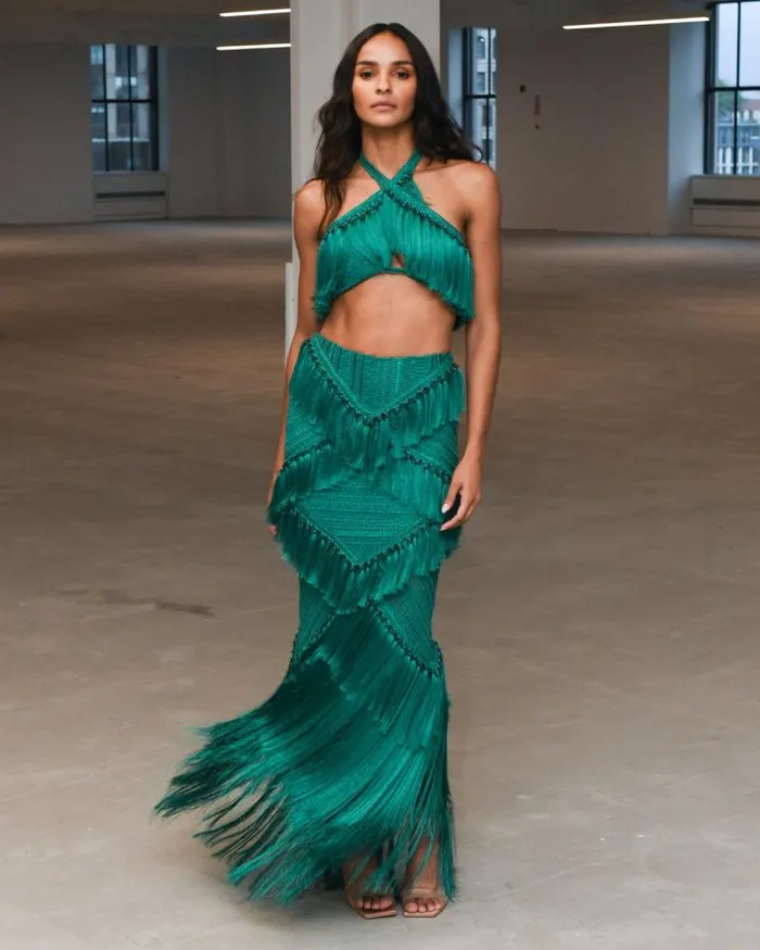 Women Tops and Bodysuits PatBO Fringe Halterneck Top FINAL SALE Jade