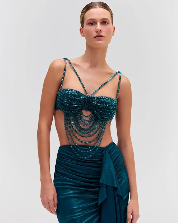 Women Tops and Bodysuits PatBO HandBeaded Bralette Emerald