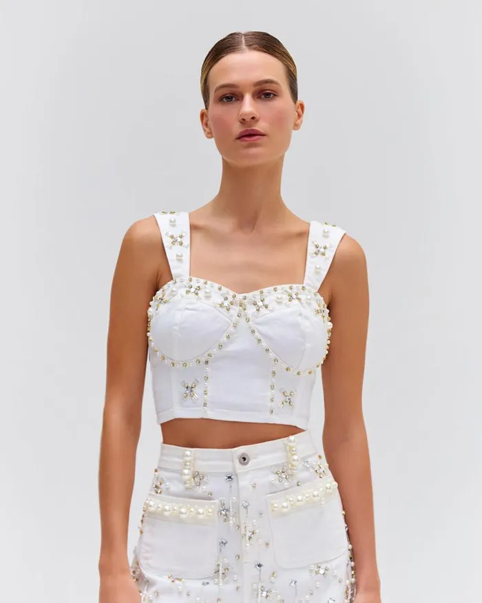 Women Tops and Bodysuits PatBO Handbeaded Denim Top FINAL SALE White