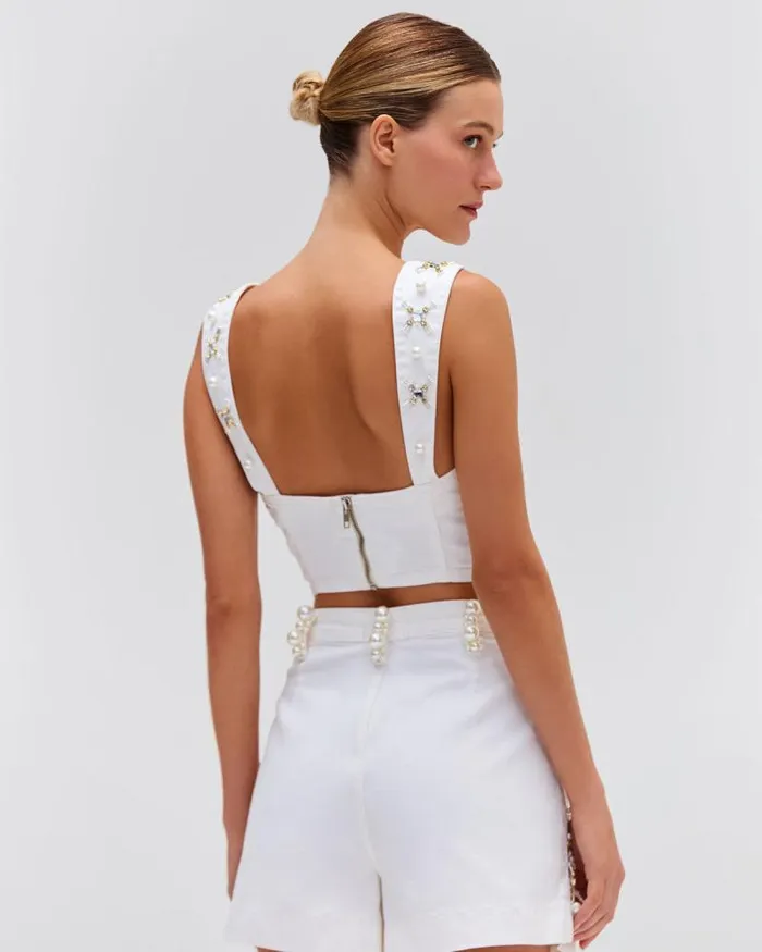 Women Tops and Bodysuits PatBO Handbeaded Denim Top FINAL SALE White