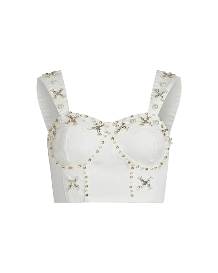 Women Tops and Bodysuits PatBO Handbeaded Denim Top FINAL SALE White