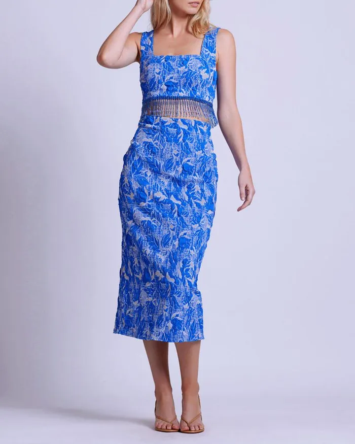 Women Tops and Bodysuits PatBO Stretch Jacquard Beaded Top Lapis