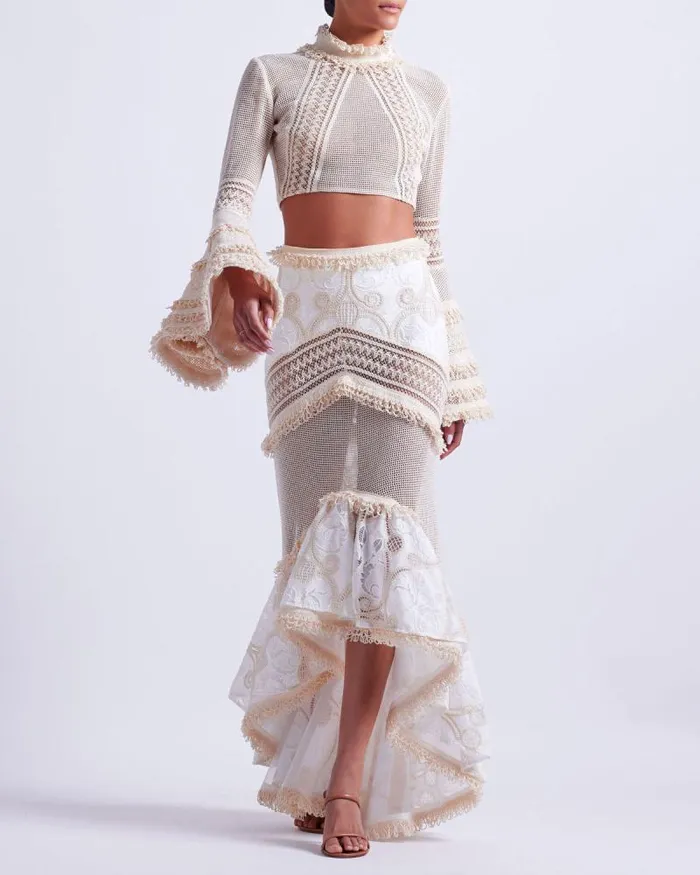 Women Tops and Bodysuits PatBO Woven Bell Sleeve Cropped Top Wheat