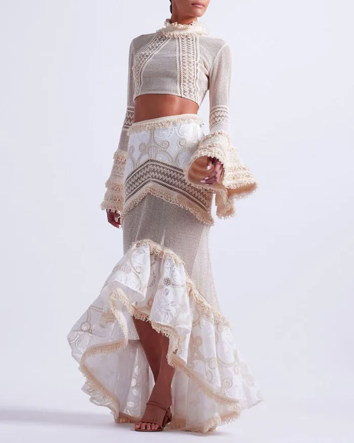 Women Tops and Bodysuits PatBO Woven Bell Sleeve Cropped Top Wheat