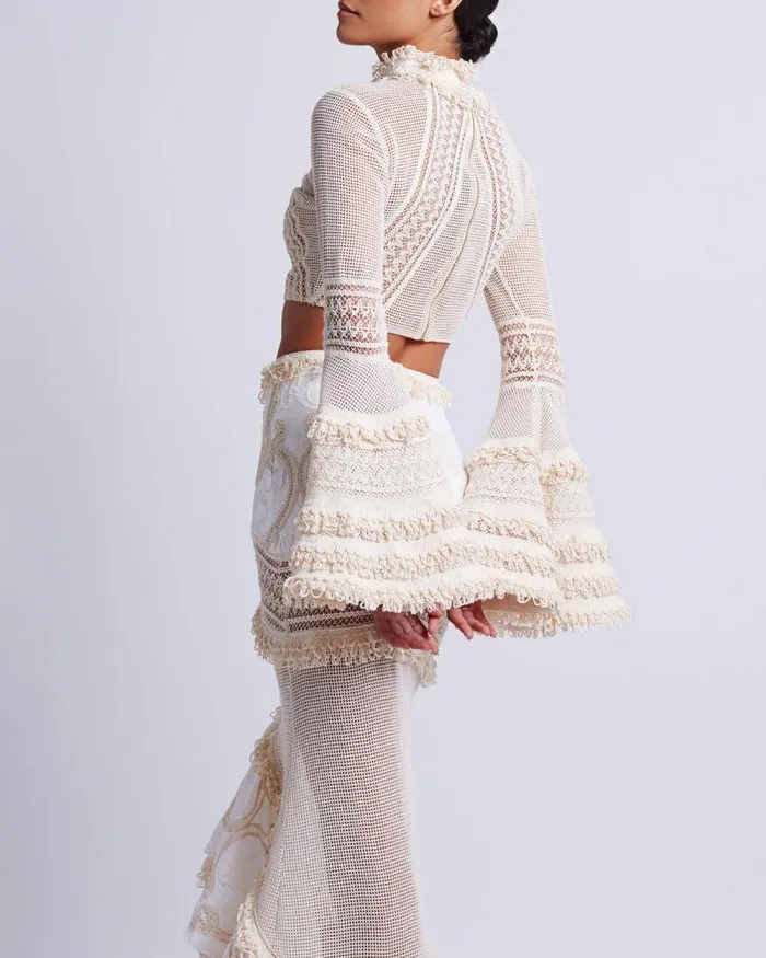 Women Tops and Bodysuits PatBO Woven Bell Sleeve Cropped Top Wheat
