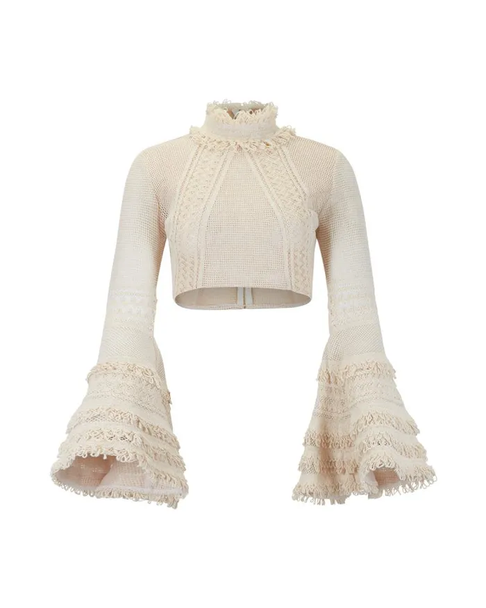 Women Tops and Bodysuits PatBO Woven Bell Sleeve Cropped Top Wheat