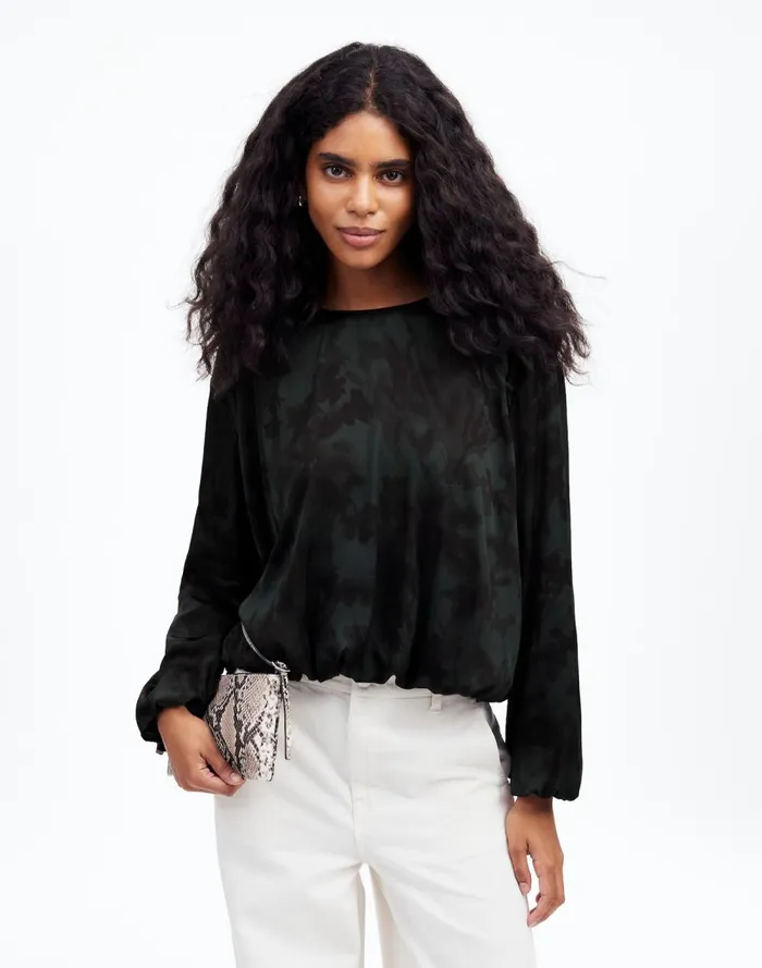 Women Tops and Shirts Madewell LongSleeve BubbleHem Top In Satin Luxury Forest