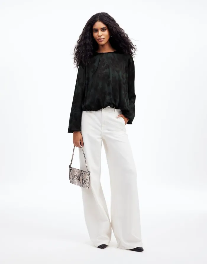 Women Tops and Shirts Madewell LongSleeve BubbleHem Top In Satin Luxury Forest