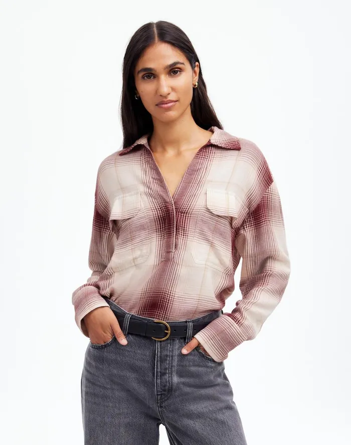 Women Tops and Shirts Madewell Popover Shirt In Plaid Cabernet