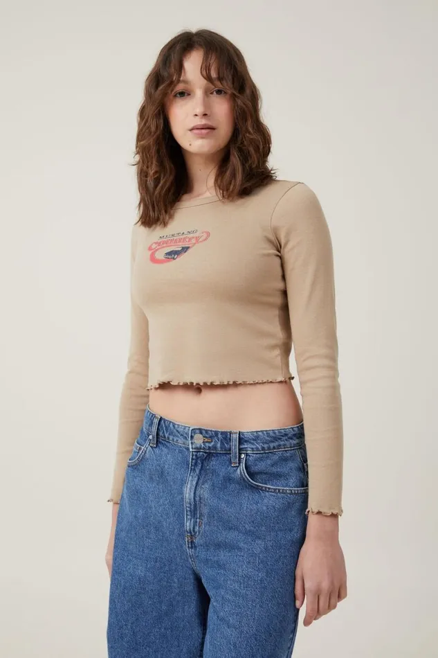 Women Tops Cotton On Long Sleeve Lettuce Rib Ford Tee Lcn Ford Mustang Countrylight Taupe