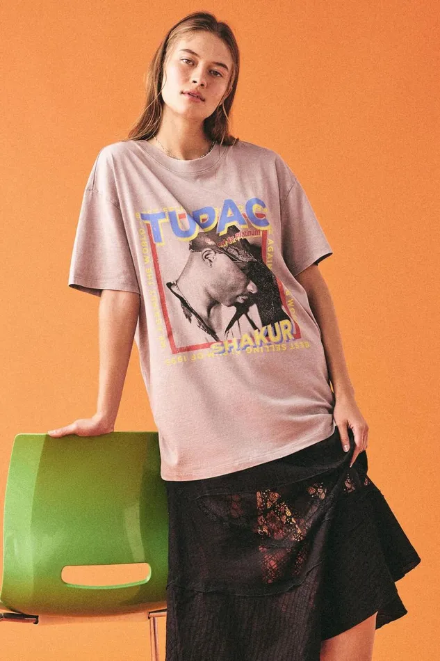 Women Tops Cotton On The Oversized Hip Hop Tee Lcn Br Tupac Shakur Thunder Grey