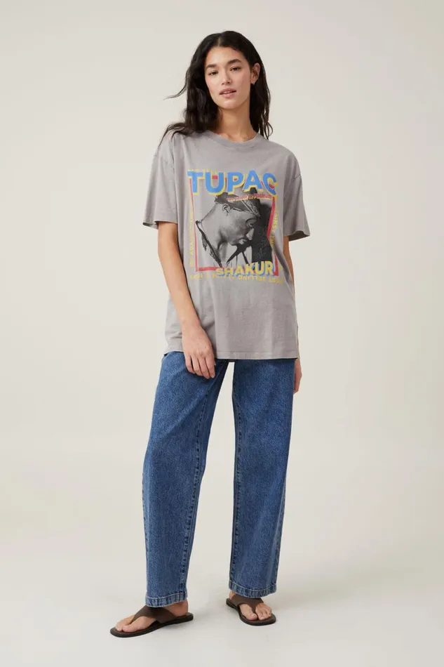 Women Tops Cotton On The Oversized Hip Hop Tee Lcn Br Tupac Shakur Thunder Grey